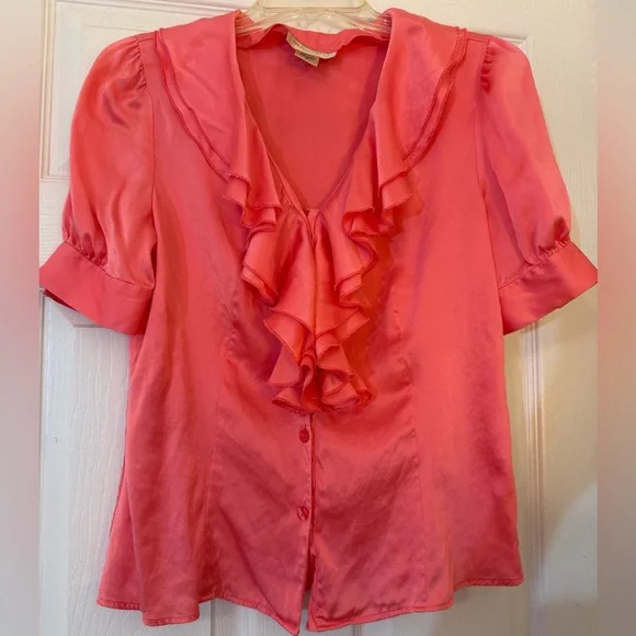 Silk Blouse Short Sleeve coral pink size 8 ruffles v-neck - Picture 9 of 9